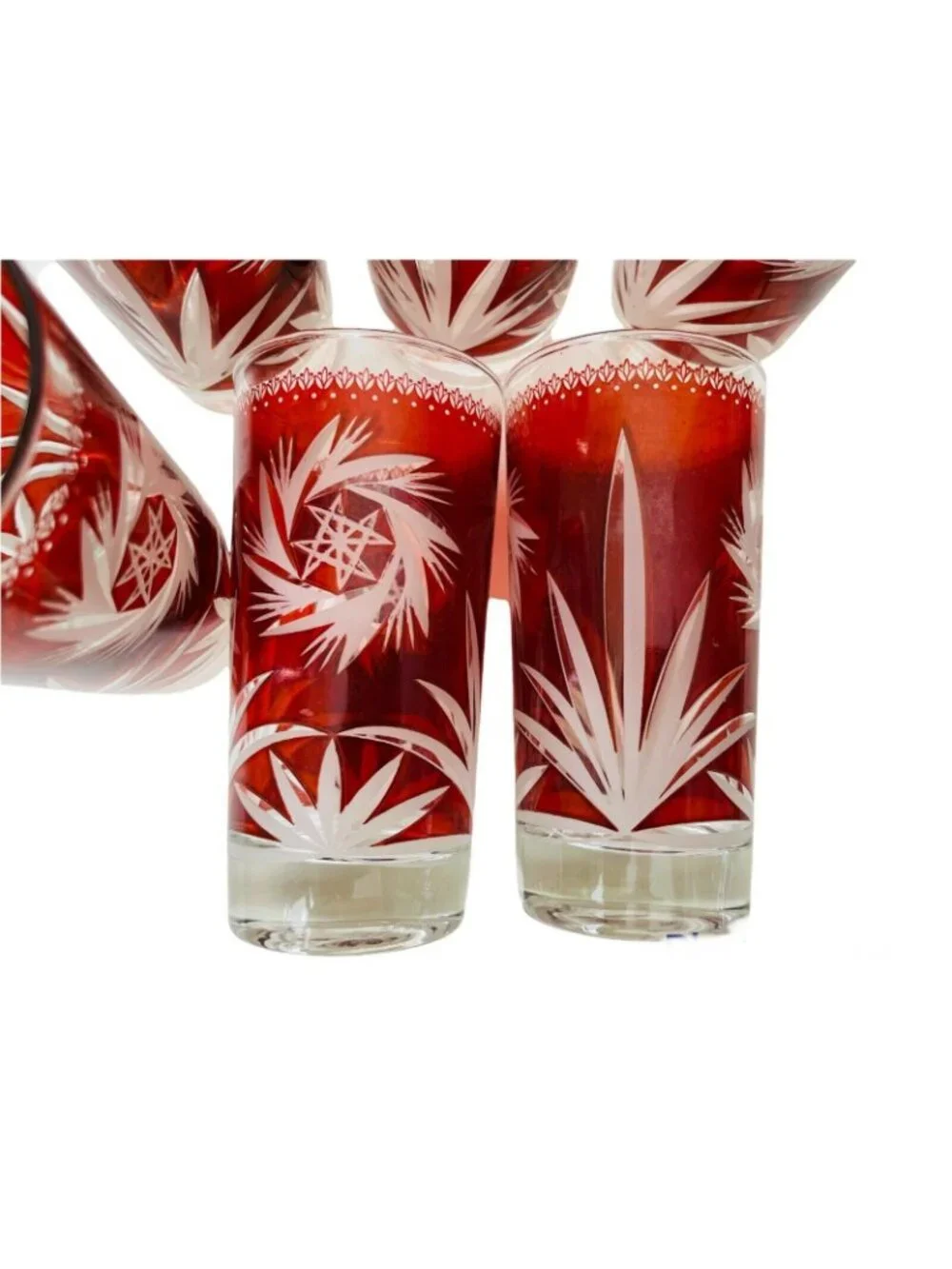 Vintage Dominion Glass Ruby Red Flash Atomic Pinwheel 70s MCM Retro Tumbler Set